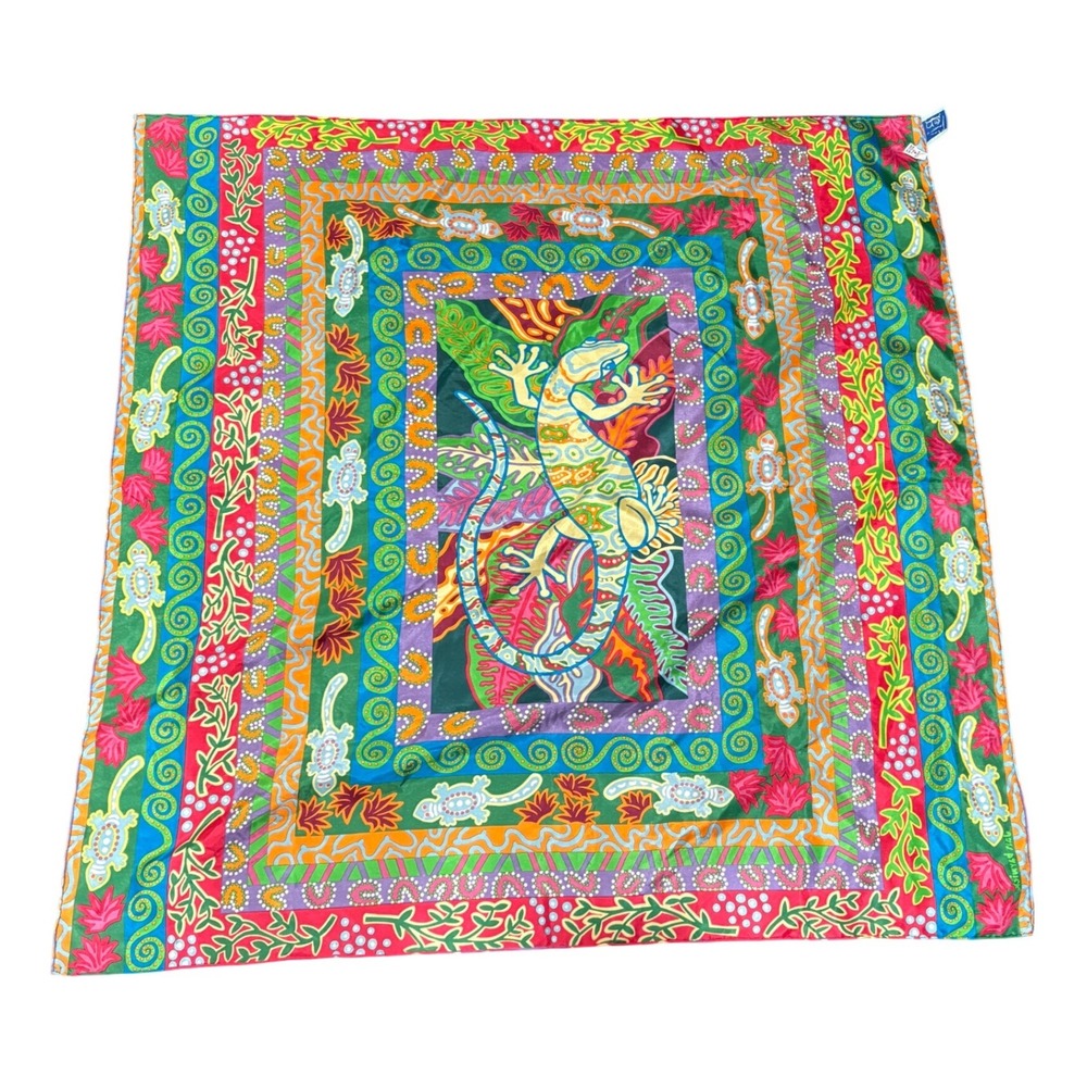 Blu Jan Barwick Silk Scarf Lizard Tropical Tribal Print Square 34x34 Multi Color